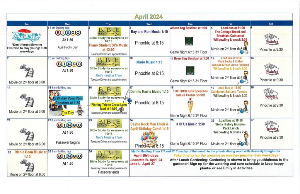 calendar, senior living, assisted living, retirement home, somerset, longview wa