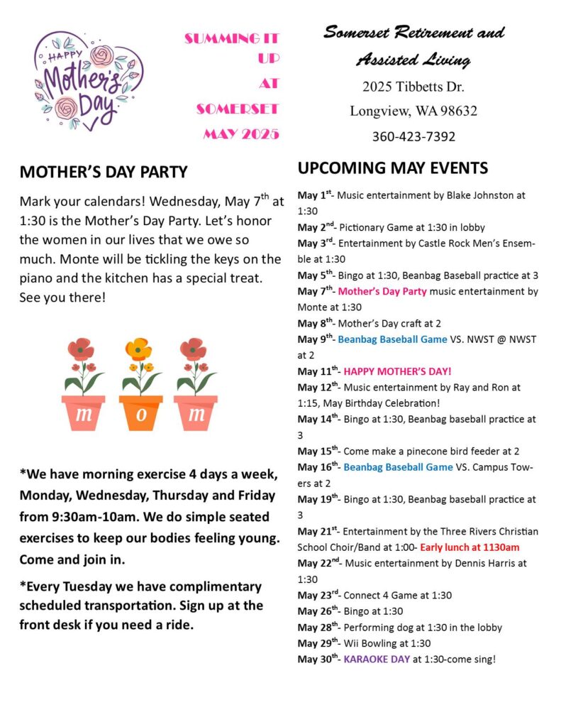 senior news, assisted living, retirement home, senior living, somerset, longview wa, may