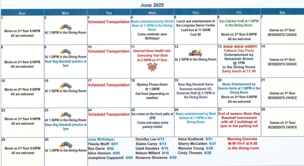 assisted living, senior living, retirement home, senior home, calendar, somerset, longview wa