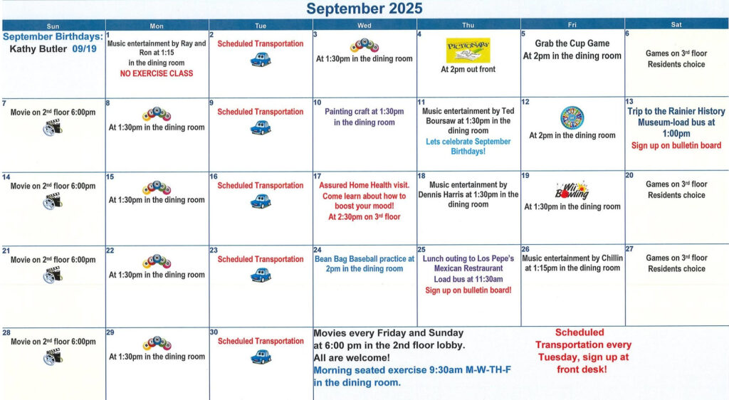 senior living, assisted living, retirement community, senior activities, calendar, somerset, longview wa
