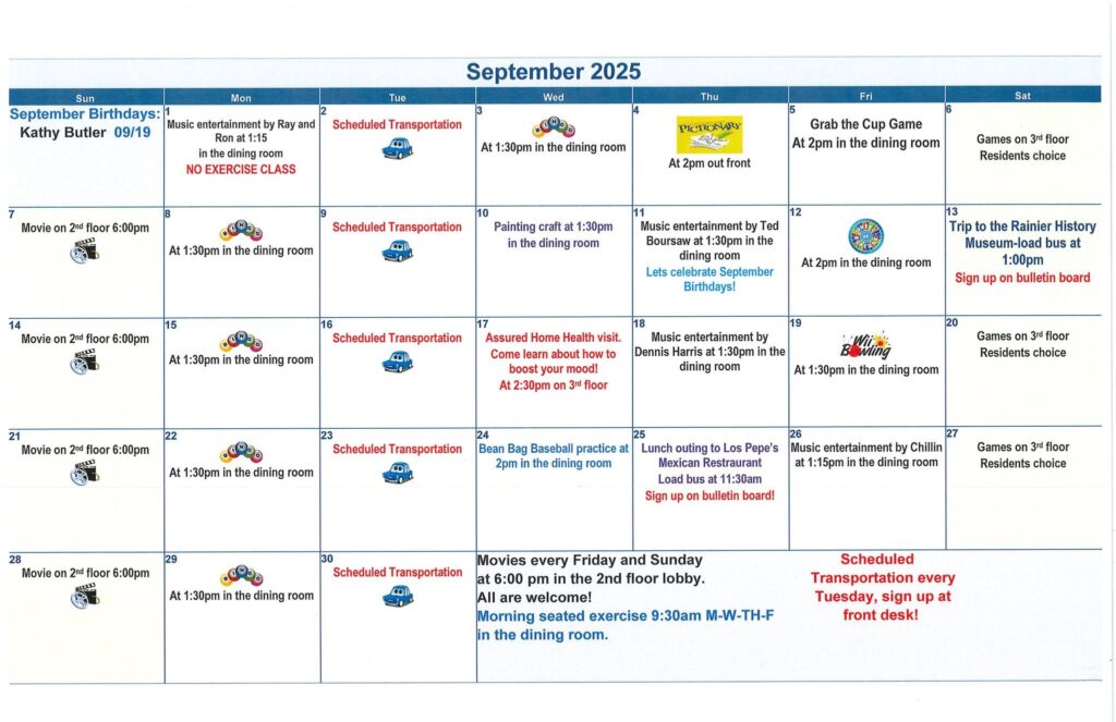 senior living, assisted living, retirement community, senior activities, calendar, somerset, longview wa