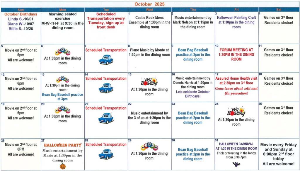 somerset, calendar, senior living, assisted living, retirement home, longview wa, october 2025