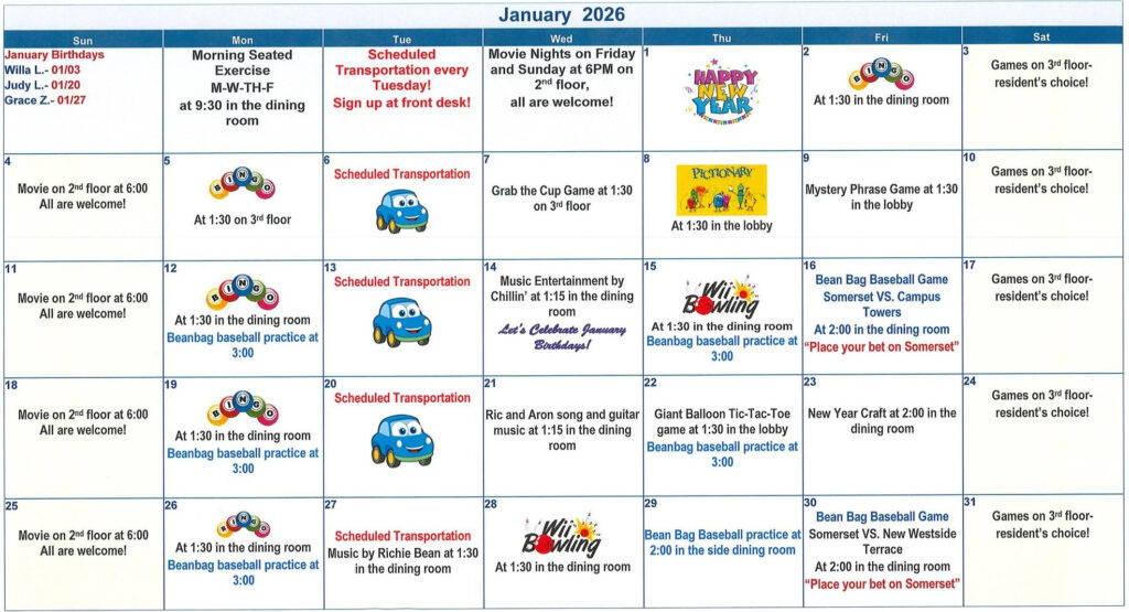 calendar, senior living, assisted living, retirement home, longview wa, somerset