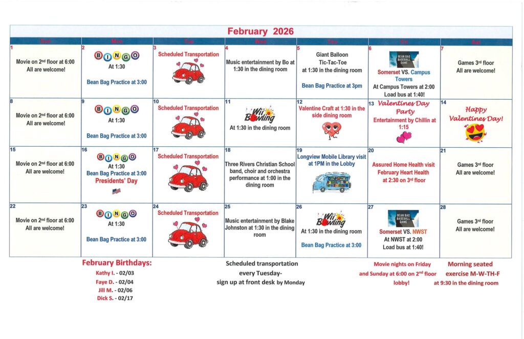 calendar, senior living, assisted living, retirement home, retirement community, senior home, senior activities, longview wa, somerset