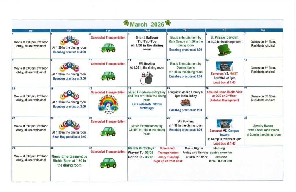 senior living calendar, assisted living, retirement home, retirement community, senior home, longview wa, somerset
