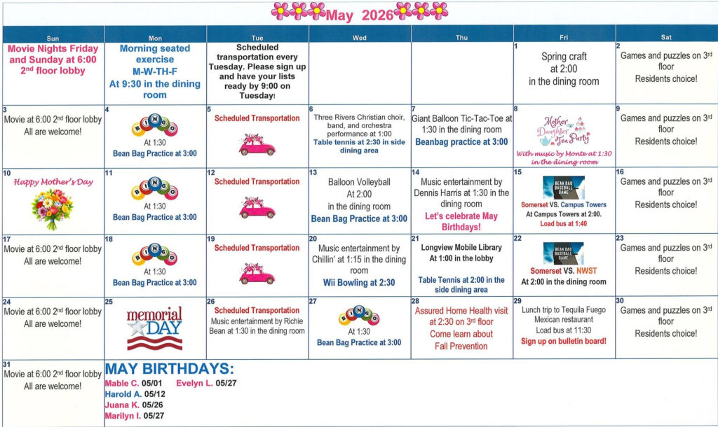 senior living, assisted living, retirement home, senior home, calendar, may 2026, somerset, longview wa