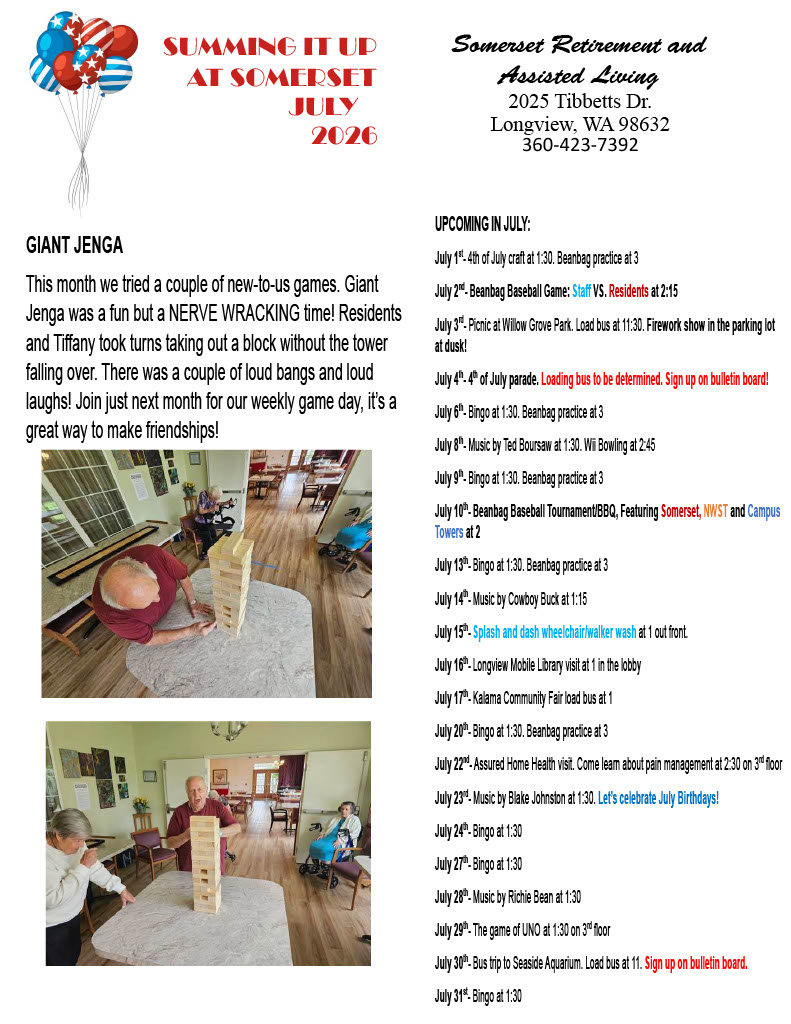 senior news, assisted living, senior living, somerset, longview wa, july 2026