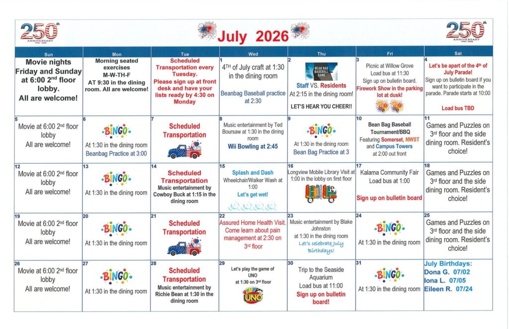 calendar, assisted living, retirement home, senior living, longview wa, somerset