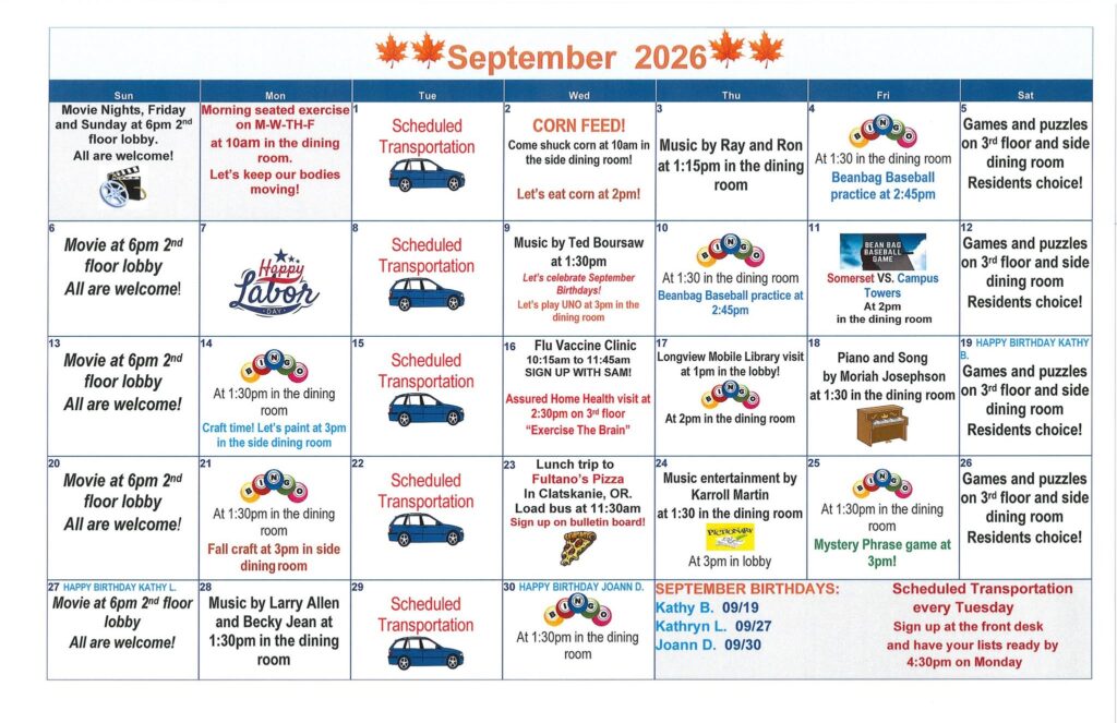senior living calendar, assisted living, retirement home, somerset, longview wa